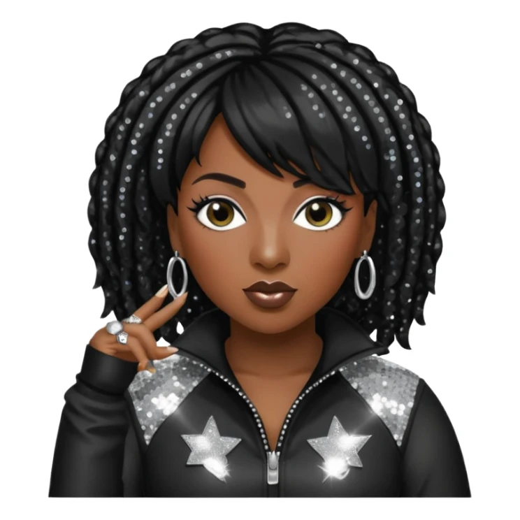 Missy Elliott with jet black hair, black sequin outfit sticker