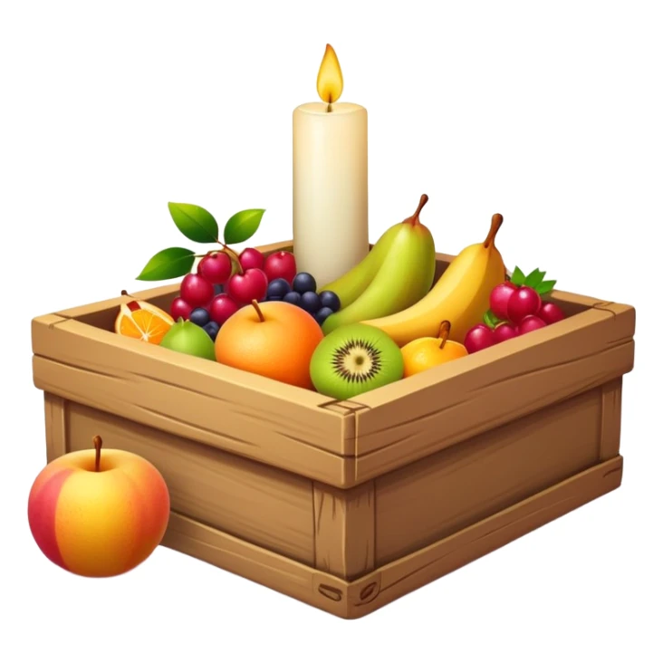 Open box with fruits, scarf, candle sticker