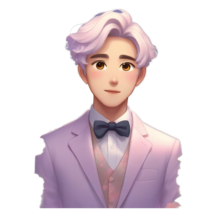 Gorgeous romantic anime style Asian formal modern gentlemanly guy with flowers and blushing face aesthetic trending style outside with colorful gradient colors  pastelcore cottagecore kawaiicore sticker
