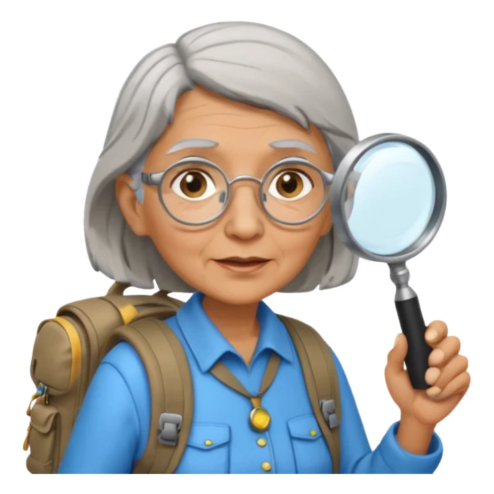 Explorer old woman with magnifying glass and backpack, portrait sticker