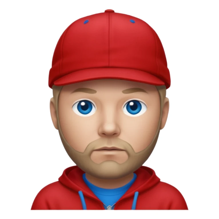 Fred Durst with dark blonde hair, blue eyes, red outfit and cap sticker