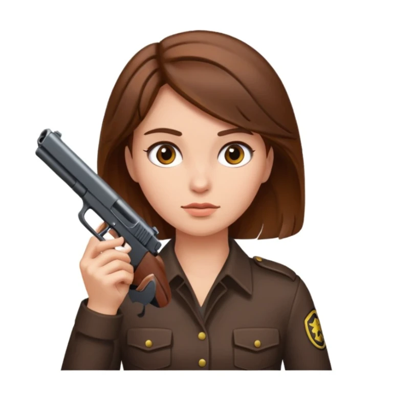 A lady with brown hair with a gun to her head sticker