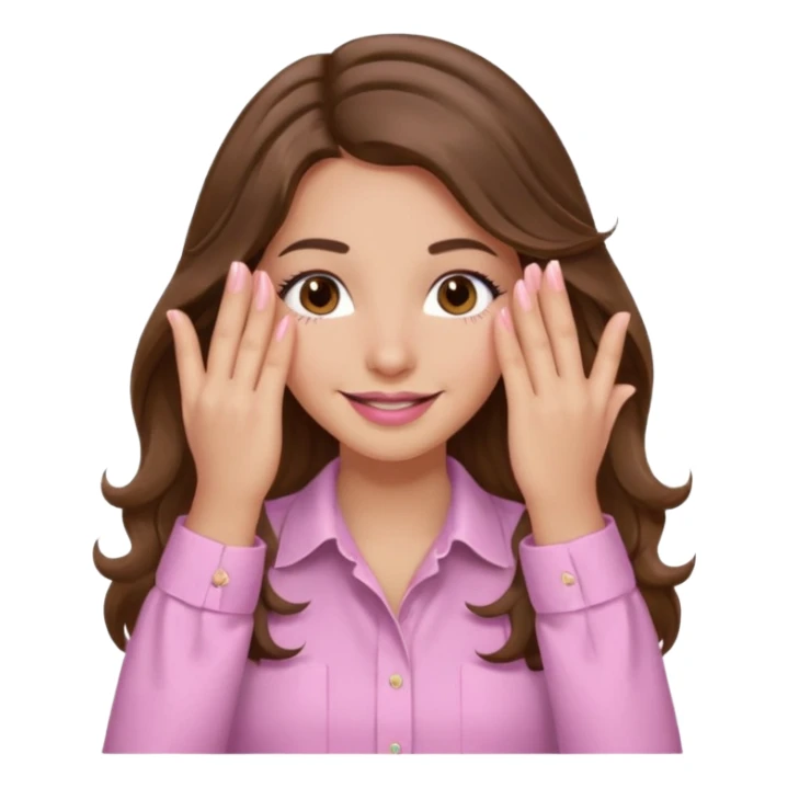 girl with wavy long brown hair, brown eyes, light to medium complexion, long lashes, light pink lipstick, wearing light pink shirt, smiling, hands covering both eyes sticker