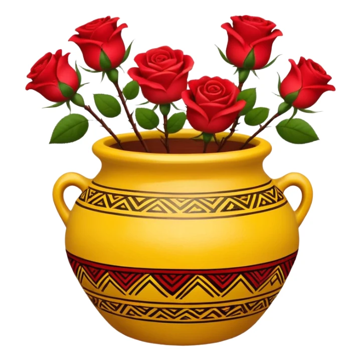 Yellow ceramic pot with red roses; the pot is decorated in an ethnic style. sticker