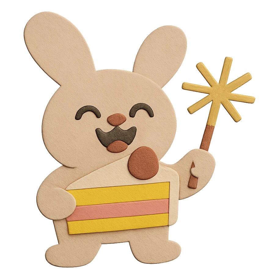 Keep the design the same, but change the bunny ear shape to visually match and harmonize with the rest of the bunny. Maintain the paper-craft style, cake slice, and sparkler. sticker