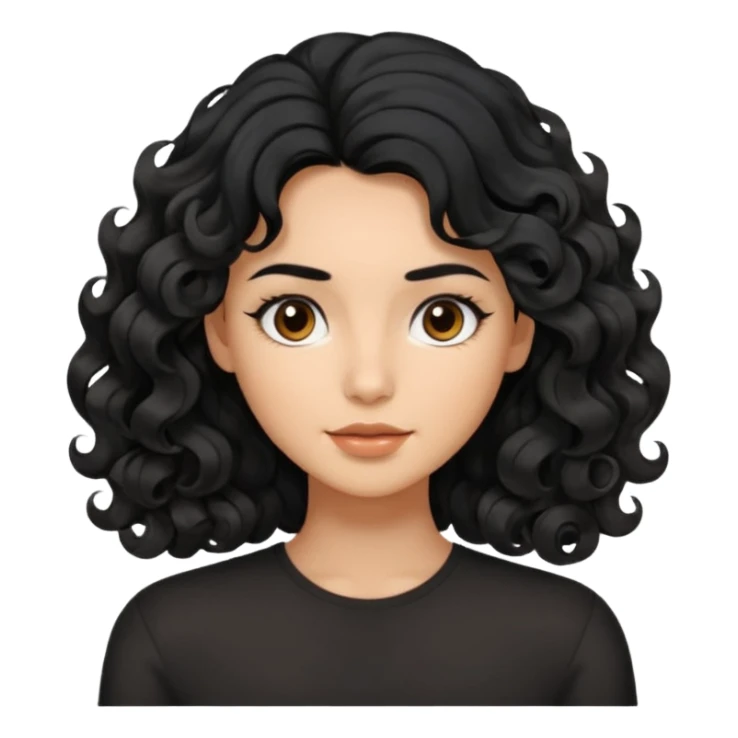 This avatar has shoulder-length black hair styled in large, wavy curls that frame the face, giving a soft and natural look. sticker