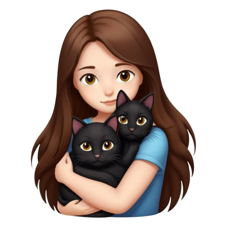 A girl with long brown hair hugs a black cat tightly sticker