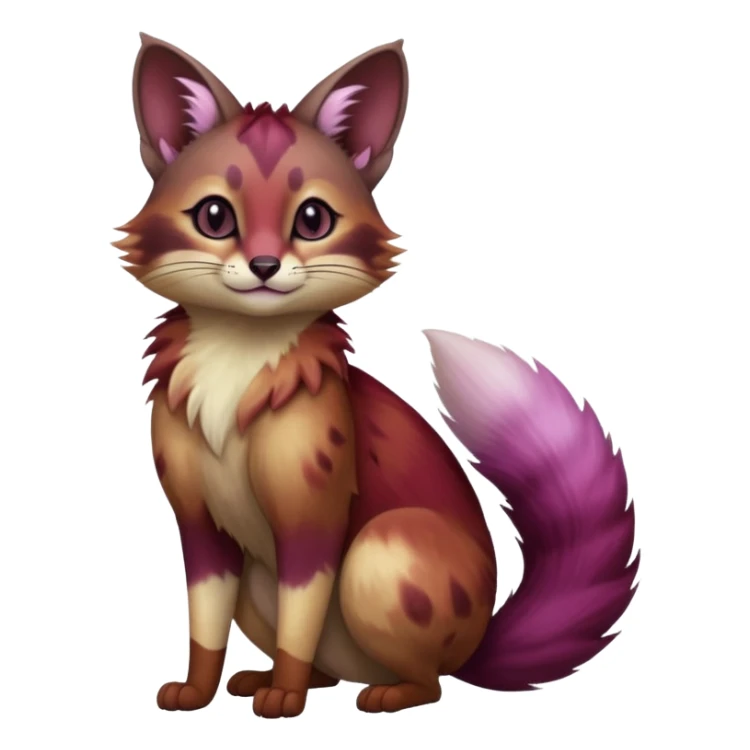 Hyper realistic  wine-dark burgundy fur melting into shadow-plum ombré smoke beautiful elegant pretty precious cute  Fakémon-Pokémon-opossum-feline-serval-caracal-chinchilla-Furret-Minccino-hybrid-creature with a big fluffy bushy tail (full body) sticker