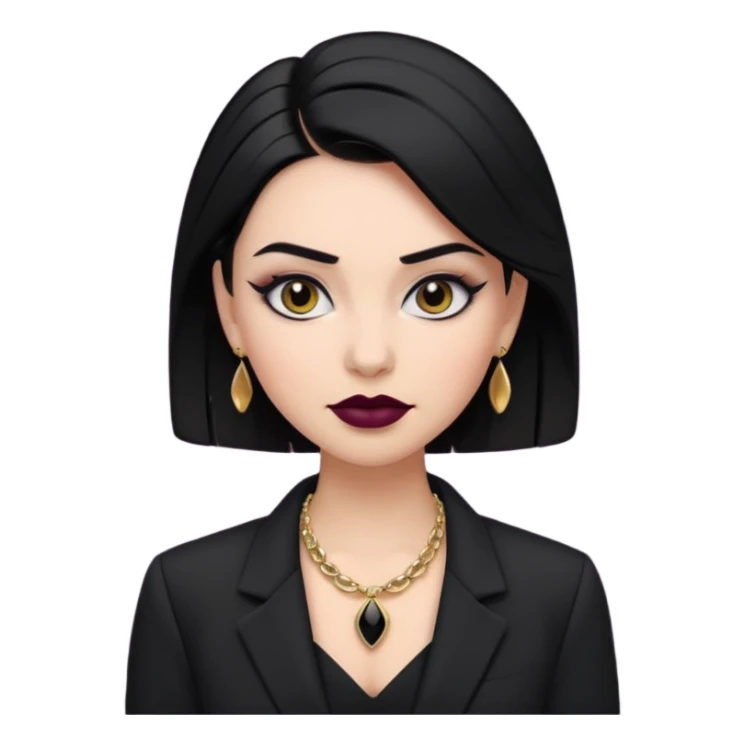 “Emoji girl, sculpted contour, bold dark lipstick, defined brows, sharp eyeliner, sleek black hair updo, statement necklace, black blazer.” sticker