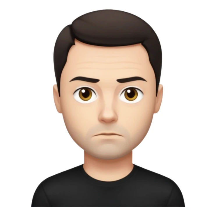 Oliver Riedel, serious face, short dark hair, black t-shirt sticker