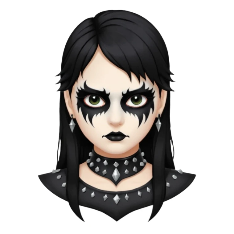Crea una ragazza con stile black metal,  paint face black metal, capelli neri mossi dalle spalle e occhi bianchi e un collare con borchie a punta sticker