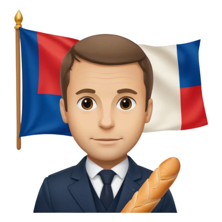 Macron avec une baguette et un drapeau français derrière lui sticker