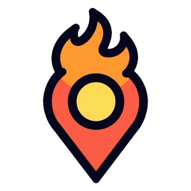A map location pin marker on fire with flames coming out the top sticker