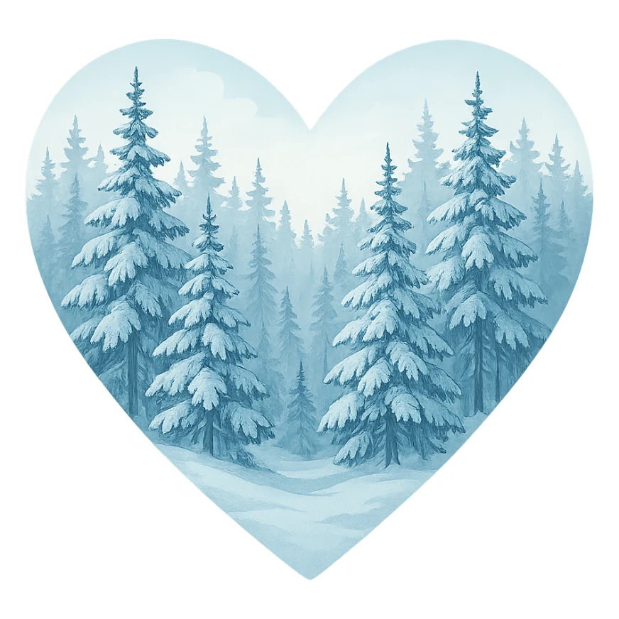heart with a tranquil snowy fir grove, clean digital illustration sticker