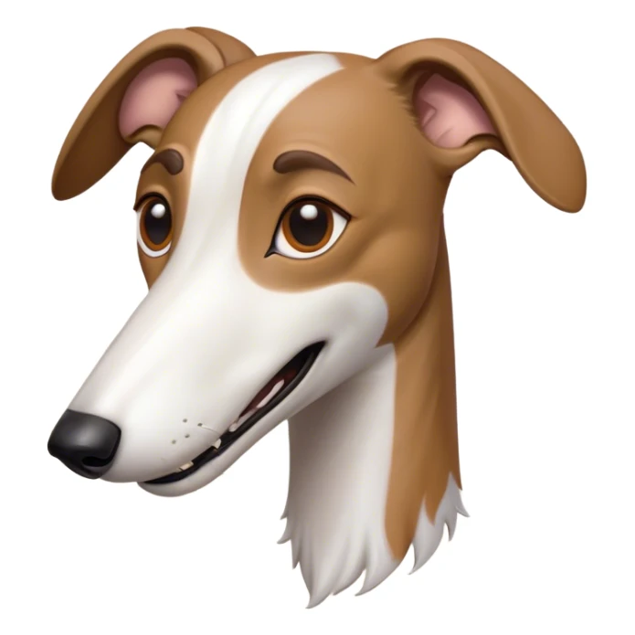 Cinematic Comical White and Brown Greyhound Portrait Emoji, Head tilted dramatically with an exaggeratedly amused expression, featuring a striking white Fur with dynamic brown accents, wide, expressive eyes filled with playful disbelief, Simplified yet hilariously expressive features, highly detailed, glowing with a slightly sassy glow, high shine, dramatic yet playful, stylized with an air of cheeky mischief, bright and endearing, soft glowing outline, capturing the essence of a spirited and over-the-top racer, so meme-worthy it feels like it could side-eye its way into internet fame instantly! sticker