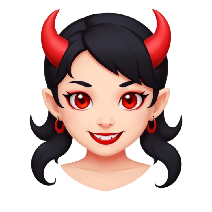 VK sticker style devil girl, cute, simple design, bold outlines, flat colors, red skin, small horns, mischievous smile, expressive eyes. sticker