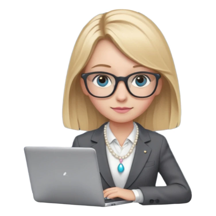 Please take the girl with laptop emoji and make her glassess light brown, her eyes ocean blue and her nose a bit smaller and pointier and she has blonde very long hair and a dark grey suit and pearls necklace, and has a laptop in fron of her and a tiny pink bow on the left side of her head sticker