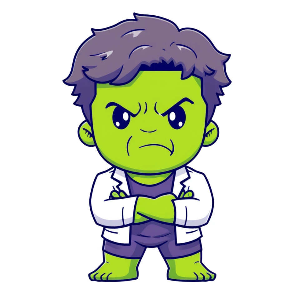 Chibi Bruce Banner transforming into Hulk, showing stages of transformation from nerdy scientist to green monster, cute big head style, adorable expression changing from worried to angry sticker