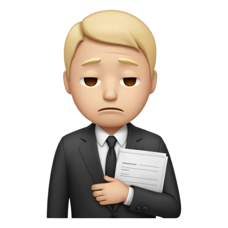 unisex emoji character wearing a suit. face has a very sad crying, disappointed expression with drooping eyebrows and half-closed eyes. posture is dejected, with slumped shoulders just rejected from his interview to get a job, holding cv. sticker