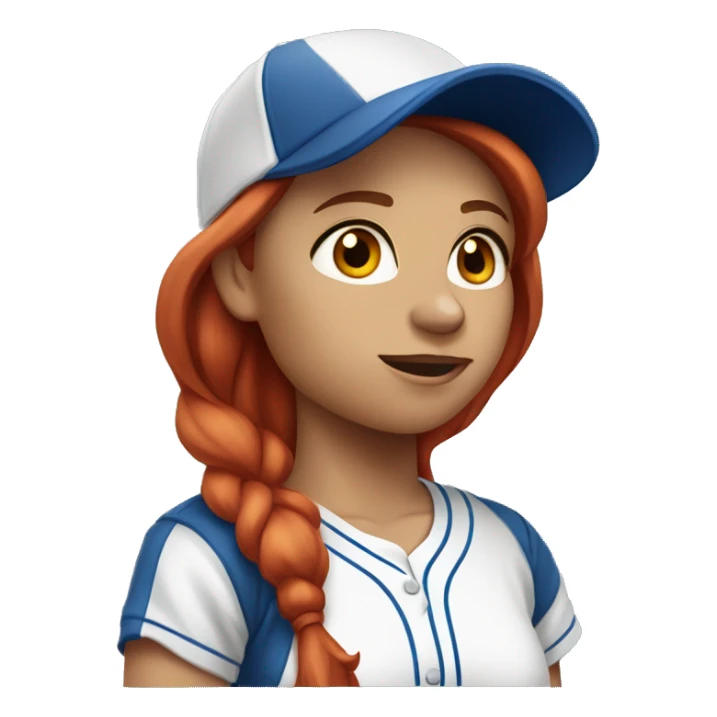 front facing, standing female coach with long red hair, wearing a white t-shirt and a simple blue baseball hat sticker