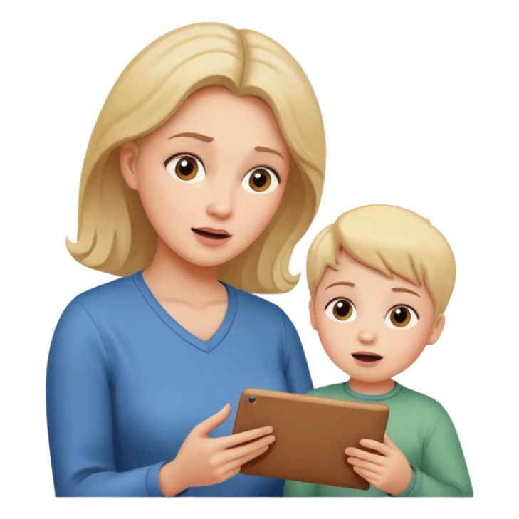 pleasanty surprised mother with child showing drawing sticker