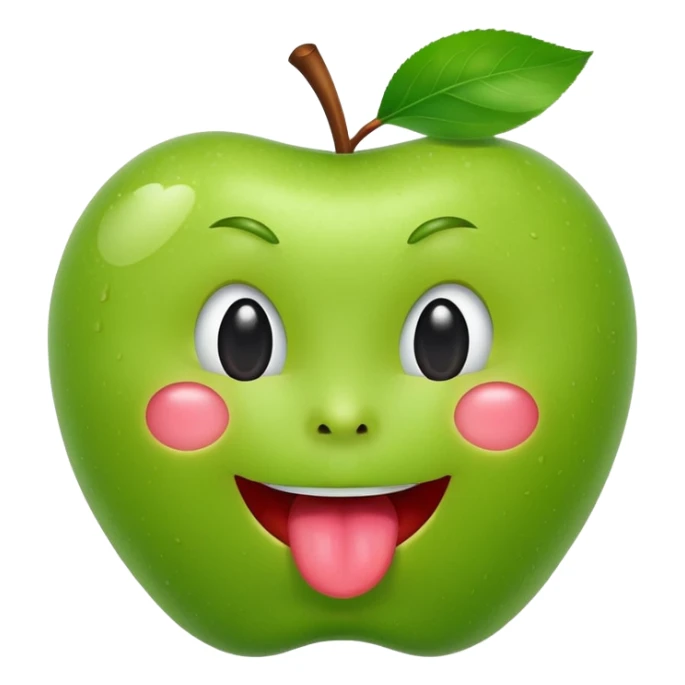 create a green apple with a face showing the tongue on IOS style sticker