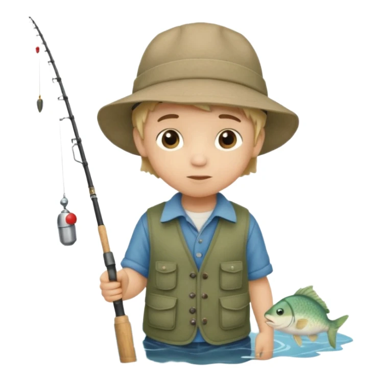 Little boy on the dock fishing, felt texture, scrapbooking, precious moments style character sticker
