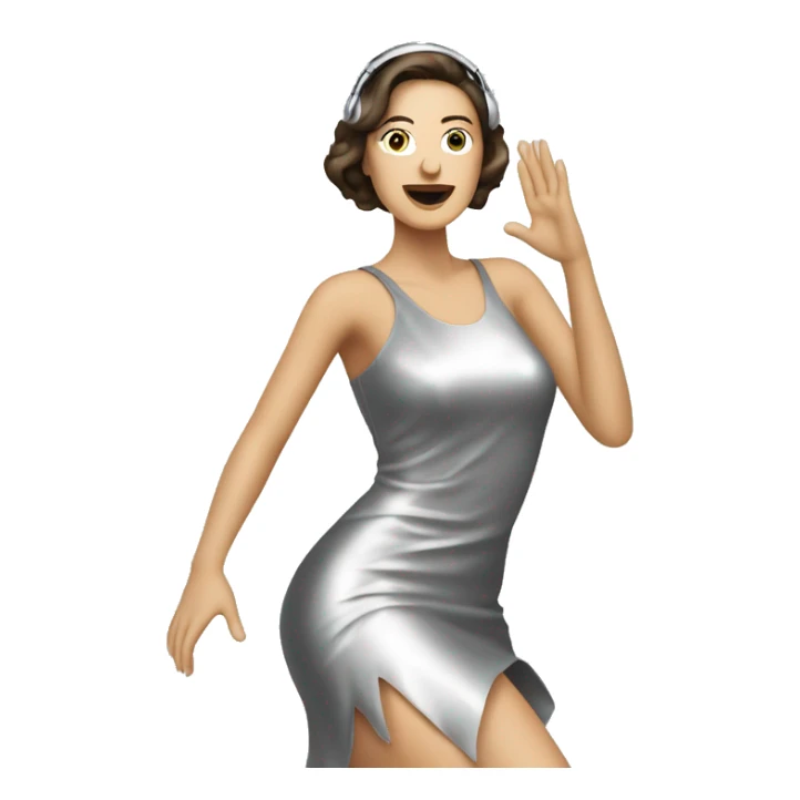 White brunette woman in a silver metallic dress dancing electronic music sticker