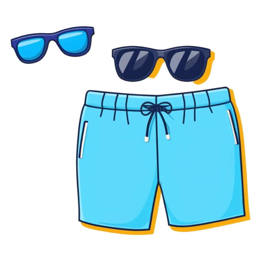 swimming board shorts and separate sunglasses on beach towel in same composition sticker