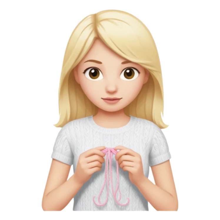 Blonde girl knitting with a white tshirt, the yarn is light pink sticker