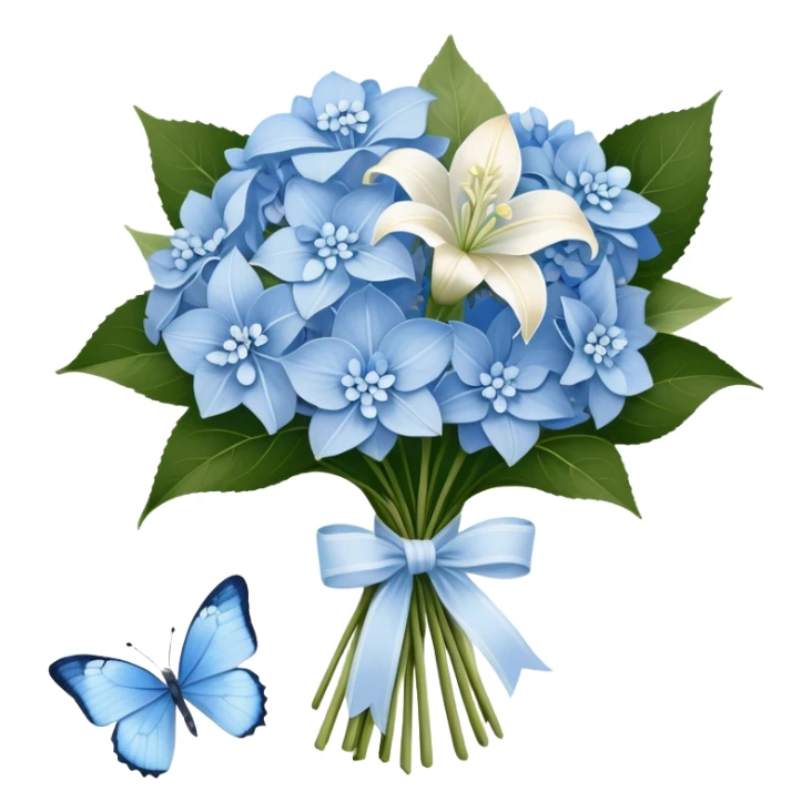 A wooden table adorned with a small bouquet of baby blue hydrangeas and creamy white lilies, wrapped in a softly frayed linen ribbon. A single blue butterfly, dusted with a hint of silver, rests lightly on the bouquet, as if drawn to its delicate fragrance. sticker