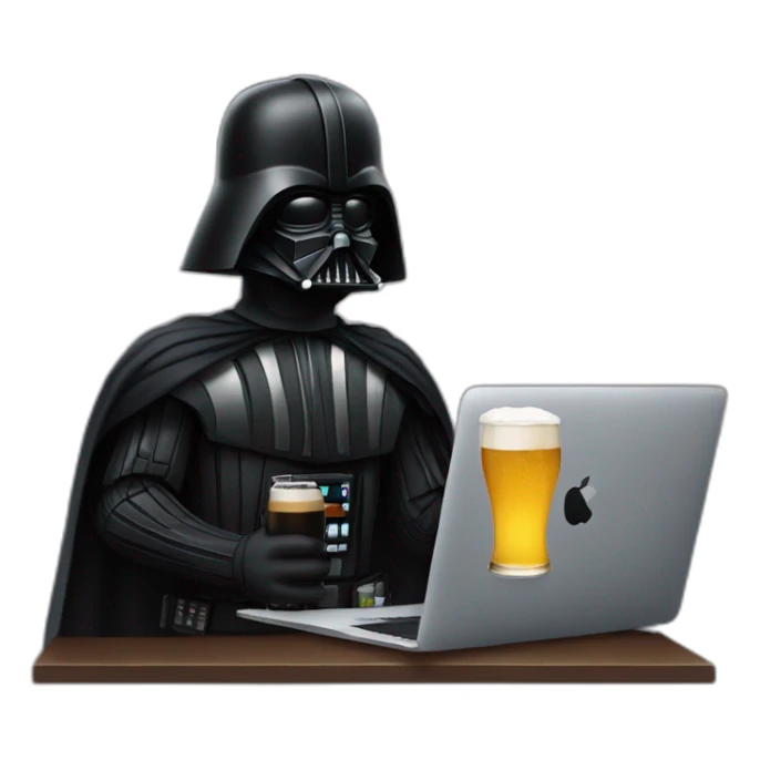 Dark vader holding a beer and a macbook sticker