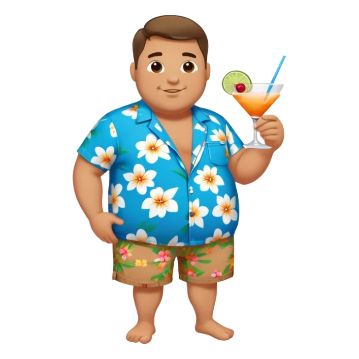 chubby guy full figure in a flowered azure havai shirt, brown shorts and flippers holding a cocktail sticker