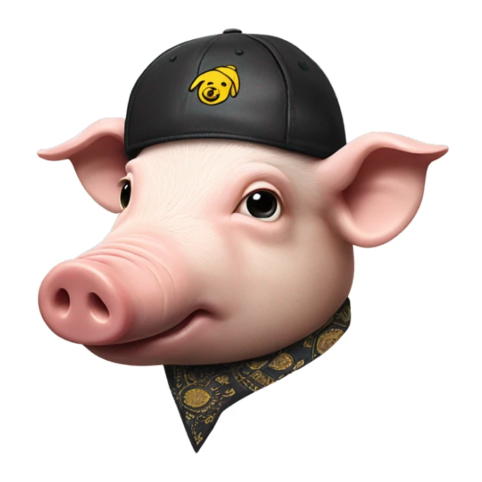 Pig head with black leather Muir cap yellow paisley bandana around neck sticker