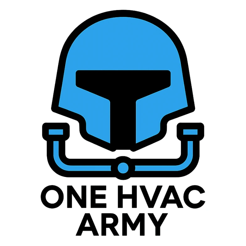 stylized helmet with HVAC pipes logo for One HVAC Army, minimal and geometric, blue and black colors sticker