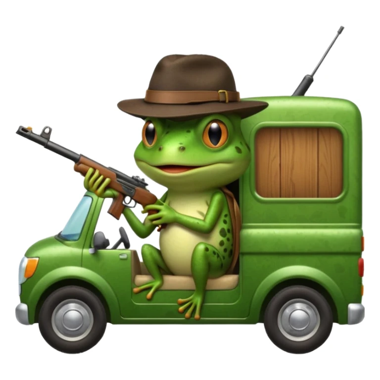 Frog with gun in back seat of moving van sticker