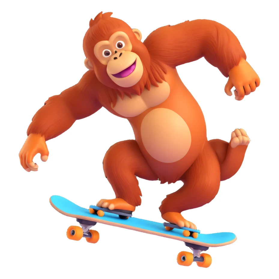 a cool orangutan skateboarding in dynamic action, playful style sticker