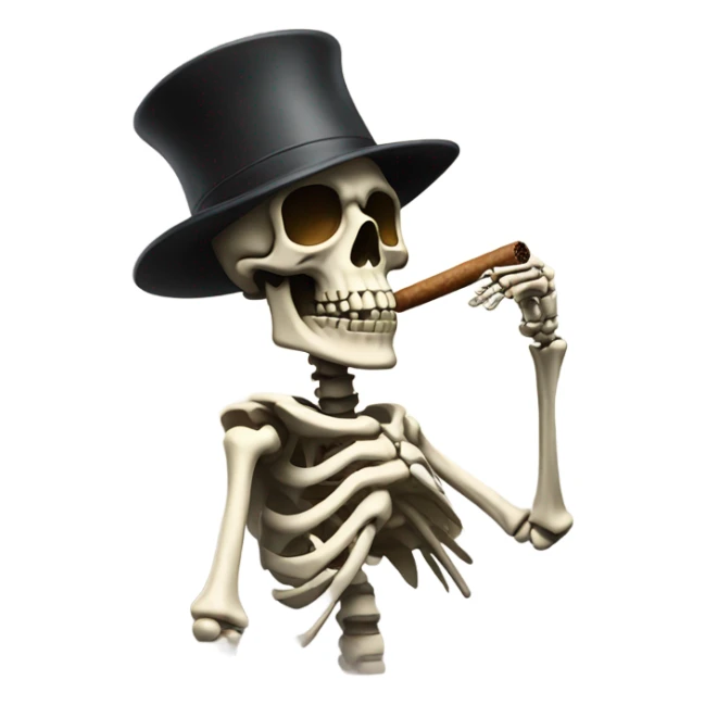 a skeleton smoking a cigar in a ally way with a hat and sweater sticker