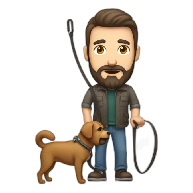 tall aggressive late 40 year old man with a brown beard holding a dog on a leash sticker