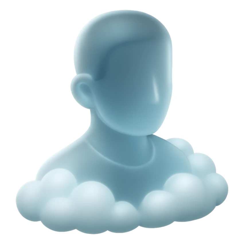 person looking straight ahead, shoulders filled with puffy white clouds, matte glass style sticker