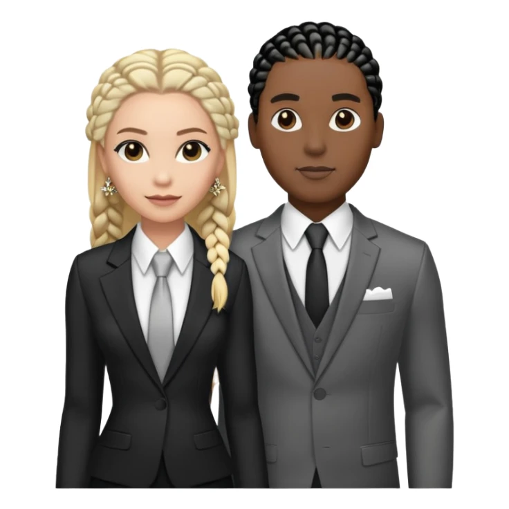Black guy with black  cornrows in a suit with white girl with blonde hair and a fancy dress posing for a fashion show sticker