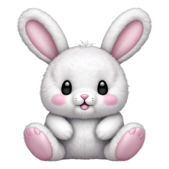 a fluffy toy teddy with a light pink colored shell and ears and a white face and rabbit feet, with a cute black closed eyes and mouth sticker