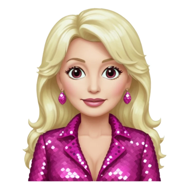 Dolly Parton with long platinum blonde hair, dark pink sequin outfit sticker