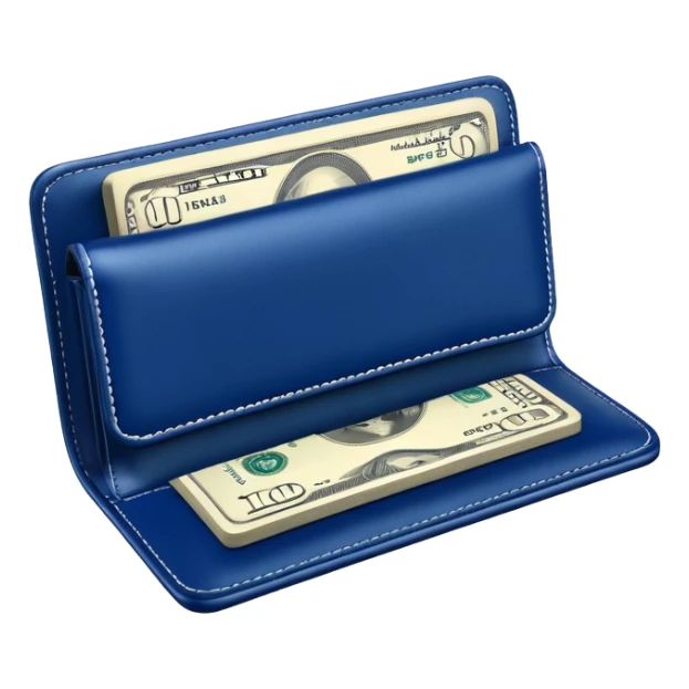 Rich emoji style Deep Blue leather wallet with dollar bills, luxury money vibe, premium 3D emoji, ultra clean, high detail, no background sticker