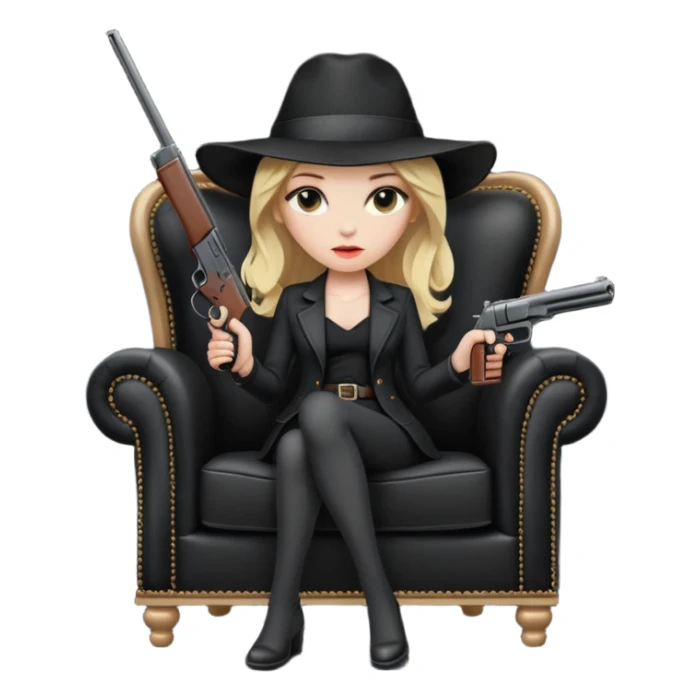 Mafia blondes woman in hat , gun , armchair , black sticker