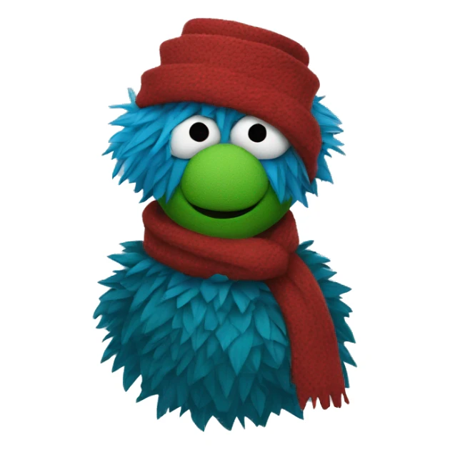A blue muppet with dark green spiky hair over their eyes, wearing a red scarf sticker