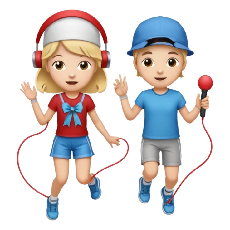 Show three big emojis: 👧🏻🎀 (the doll singing), 😀👕4️⃣5️⃣6️⃣🤾 (a player jumping rope), 👦🏻🧢 (child figure). sticker