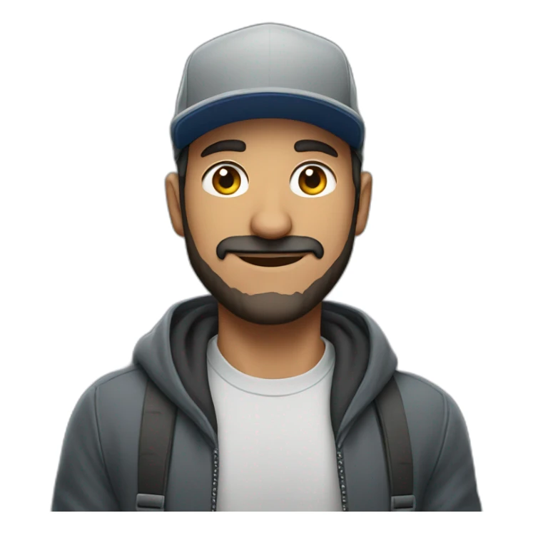 a Turkish man with a short beard and a snapback hat holding a big grey cat sticker