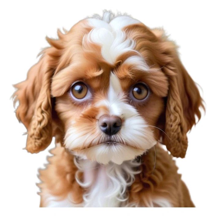 Cinematic Meme-Worthy Grumpy Apricot Cavoodle Portrait Emoji, Head held high but eyes filled with dramatic disappointment, smooth, curly apricot fur with striking white patches, deeply furrowed brow forming an unmistakable scowl, floppy ears slightly angled back in disapproval, piercing brown eyes glaring with pure exasperation, Simplified yet hilariously over-exaggerated features, highly detailed, glowing with an aura of supreme annoyance, high shine, exhausted yet judgmental, stylized with an almost regal pettiness, bright but brooding, soft glowing outline, capturing the essence of a companion that has seen it all and is thoroughly unimpressed, so meme-worthy it feels like it could instantly become the next viral sensation of grumpiness! sticker