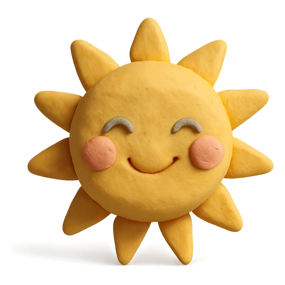 A sun illustration in the style of claymation, with visible fingerprints and pastel colors sticker